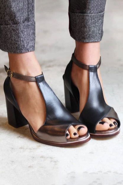 Nadaria | Black patchwork peep-toe heeled sandals – chic and trendy