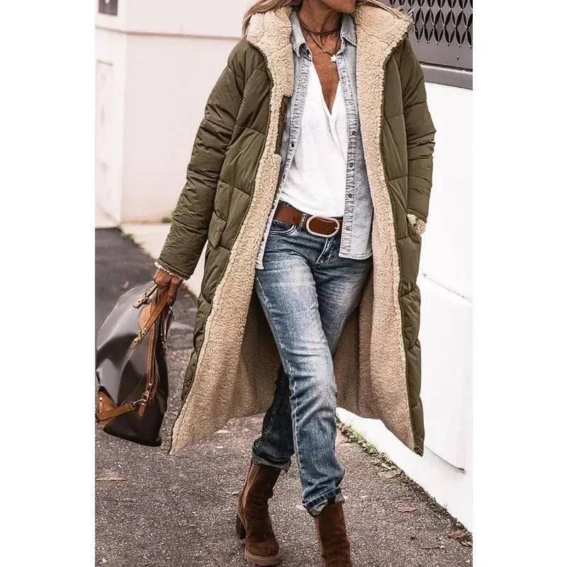 Elegant jade-colored winter coat — chic and timeless