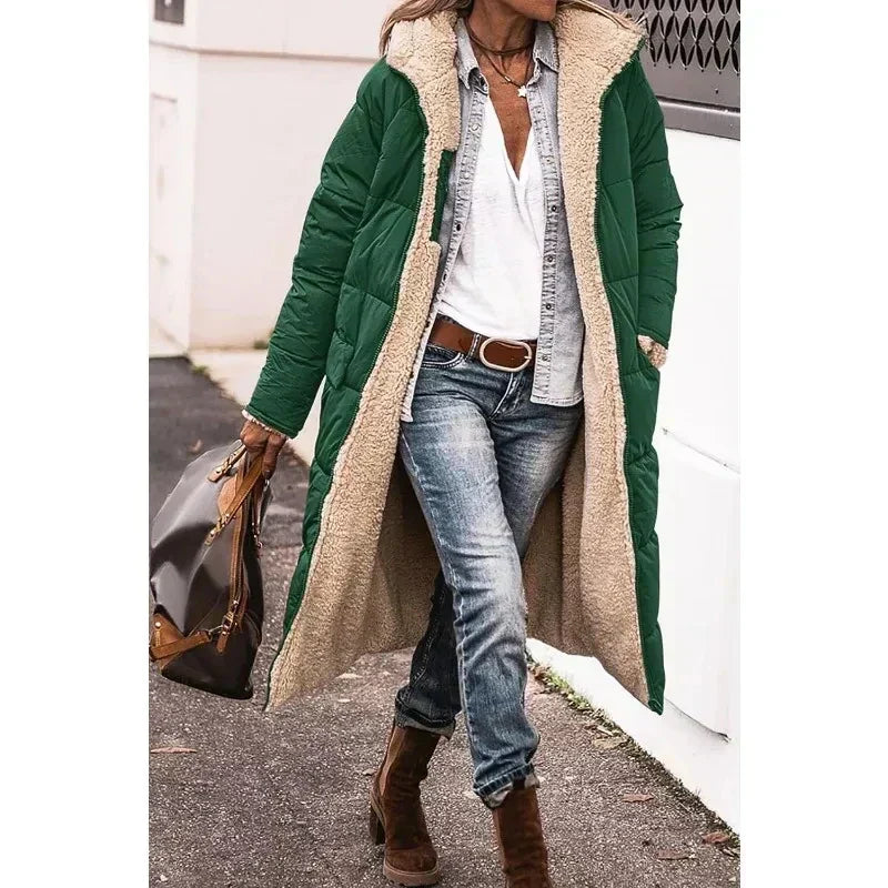 Elegant jade-colored winter coat — chic and timeless