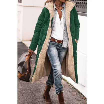 Elegant jade-colored winter coat — chic and timeless