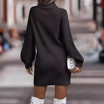 High-Neck Long-Sleeve Women's Knitted Dress, Autumn/Winter New Style, Cross-Border Fashion, Elegant and Classy