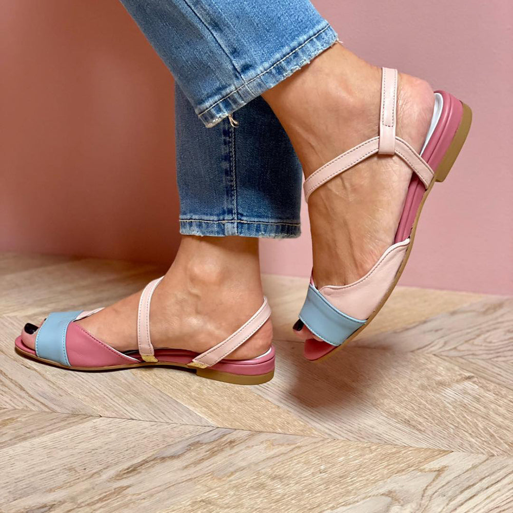 Roselina | Asymmetrical pink sandals in color-block style, on-trend