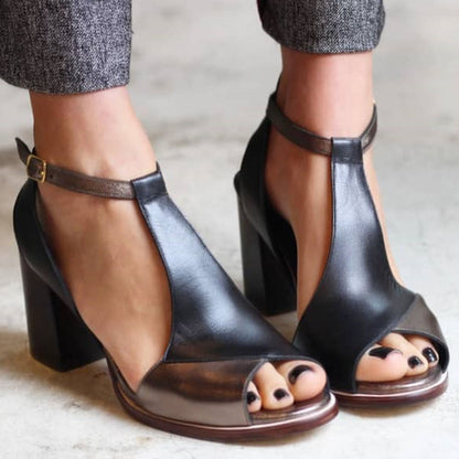 Nadaria | Black patchwork peep-toe heeled sandals – chic and trendy