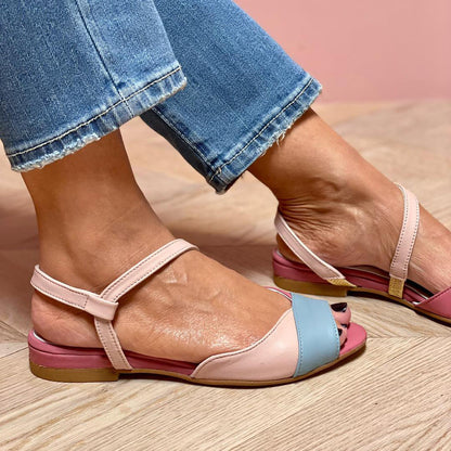 Roselina | Asymmetrical pink sandals in color-block style, on-trend